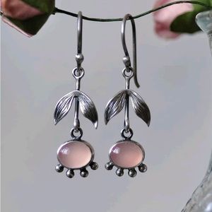 Sterling Silver Leaf Drop Earrings with Soft Pink Stones